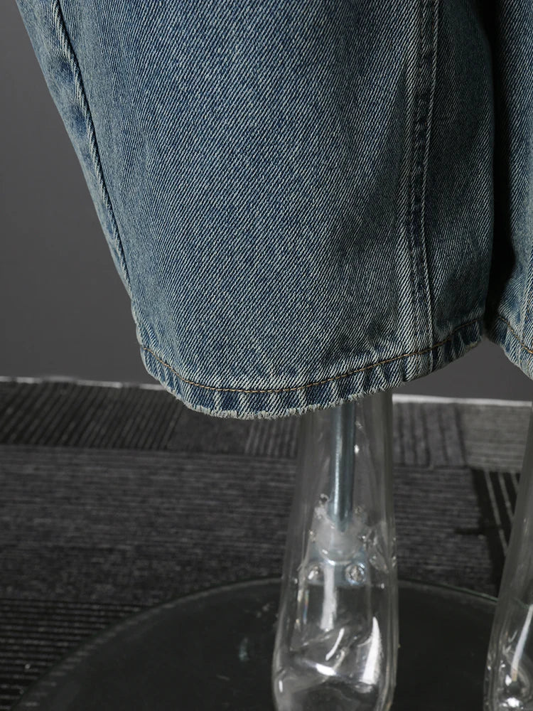 DEAT Fashion Cross Buckle Waist Baggy Jeans Women's High Waist Loose Fit Vintage Blue Denim Pants Sumemr New