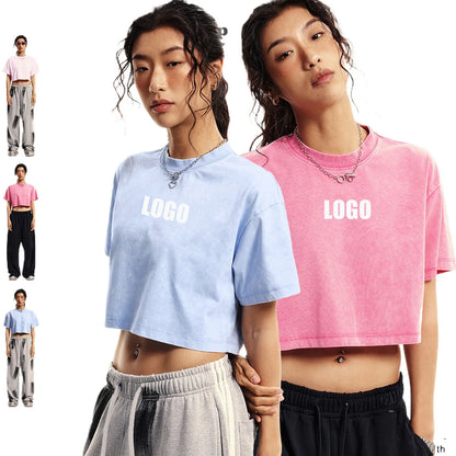 Custom LOGO women's 230G spring summer  open-button top Spice Girl loose short sports cotton polyester short-sleeved t-shirt