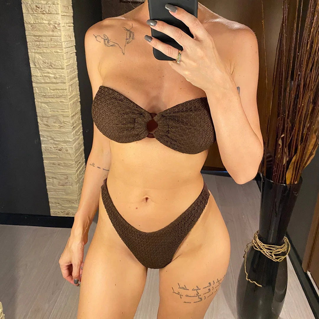 Wrinkled Bandeau High Cut Bikini Women Swimwear Female Swimsuit Two-pieces Bikini set Strapless Bather Bathing Suit Swim V3367