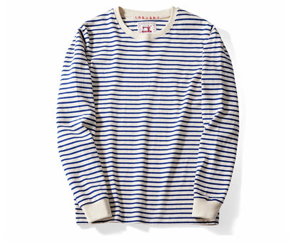 Autumn New Heavy Weight Long Sleeve Tshirt Men Cotton Round Neck Stripe Knited T Shirt Men Retro Casual Streetwear Tops Oversize