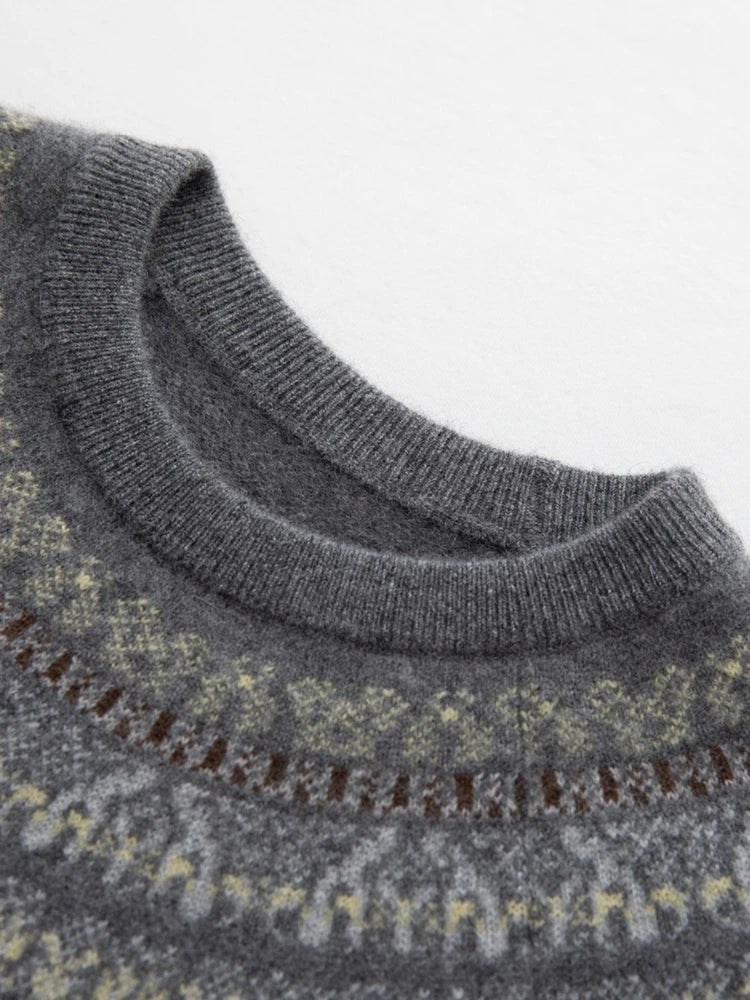 CHICUU Women Autumn Winter O-neck Vintage Style Pullover Sweater 100% Cashmere Knitwear Thick Warm Jacquard Knitting Sweater Top