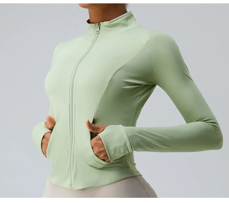 Gym Shirt Women's Full Zipper Yoga Top With Thumbholes Fitness Running Jacket Stretch Fit Long Sleeve Round Neck Top Sportswear