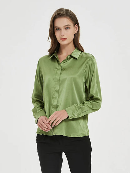 SuyaDream Woman Solid Shirts 93%Real Silk 7%Spandex Long Sleeves Chic Blouses, 2025 Spring Autumn Office Lady Top