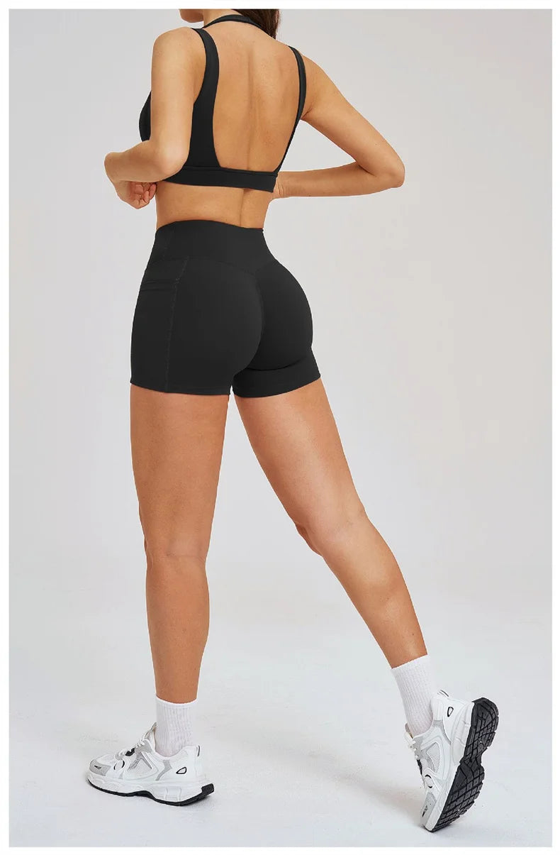TRY TO BN Women's Tracksuit Shorts Sports Gym Set Halter Neck Fitness Cross Waisted Short Running Two Pieces Suits Yoga Clothing