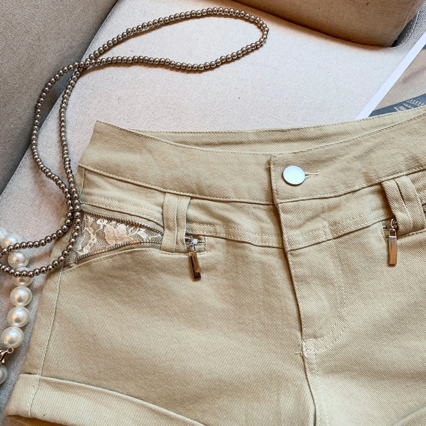 DEAT Fashion Casual Cargo Shorts Women's Khaki Lace Pocket Trim High Waist Daily Streetwear Hot Pants Summer New 7A3928