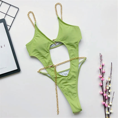 2026 Sexy Golden Chain String High Cut Leg One Piece Swimsuit Women Swimwear Female Bather Tummy Cut Out Bathing Suit Swim V1667