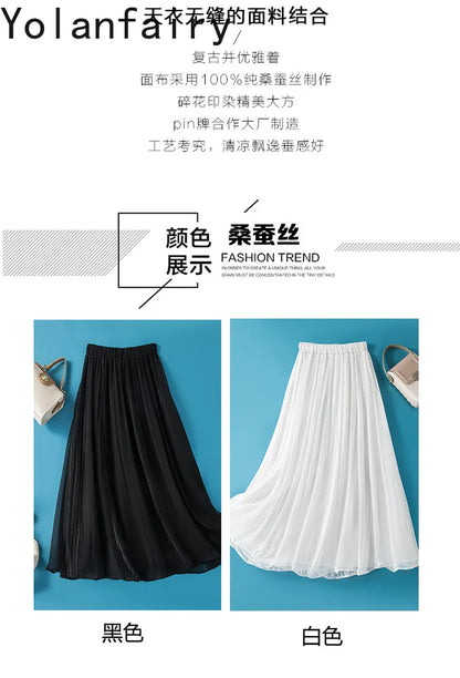 YOLANFAIRY 8mm 100% Real Mulberry Silk Skirts for Women 2026 Summer Solid Elastic Waist Skirt Woman Elegant Black Skirt Fashion