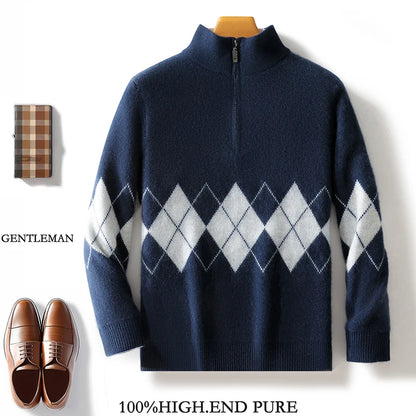 100% Merino Wool Half Zipper Mock Neck Knit Sweater Long Sleeves Loose Color-Blocked Pullover Cashmere Soft Warm Clothing Top