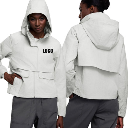 Custom LOGO women's autumn light and breathable waterproof trench coat stand-up collar hooded casual short pocket sports jacket