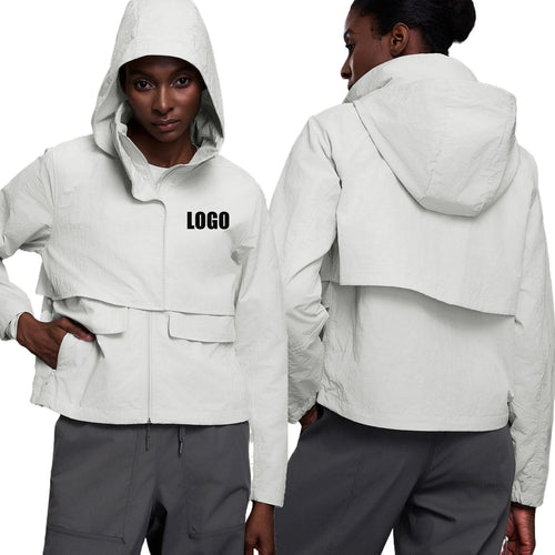 Custom LOGO women's autumn light and breathable waterproof trench coat stand-up collar hooded casual short pocket sports jacket