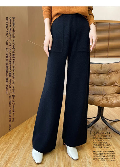 DjzDsm Women's Autumn Spring Knitted Floor-Length Wide Leg Pants 100% Merino Wool Long Trousers