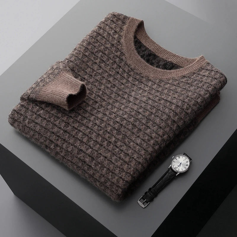 Men's Jacquard Striped 100% Pure Cashmere Pullover Sweater Autumn and Winter Thick base Sweater Casual Warm Clothing Men's Tops