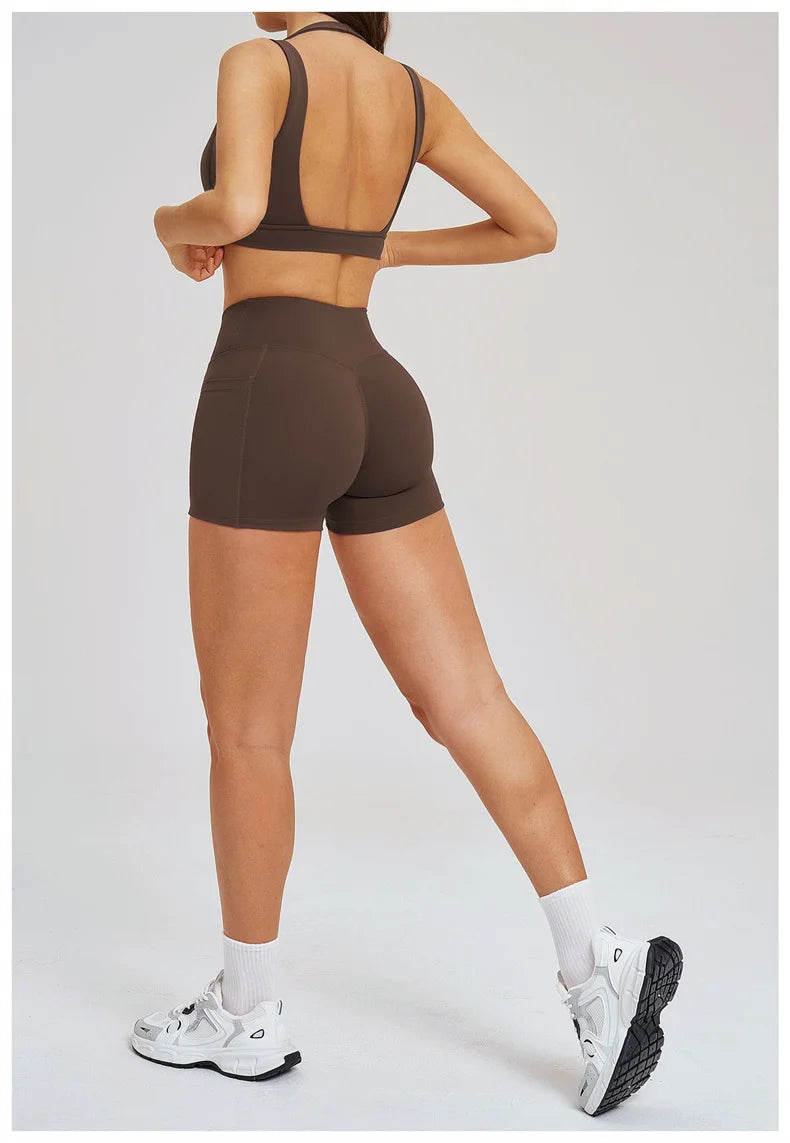 TRY TO BN Women's Tracksuit Shorts Sports Gym Set Halter Neck Fitness Cross Waisted Short Running Two Pieces Suits Yoga Clothing