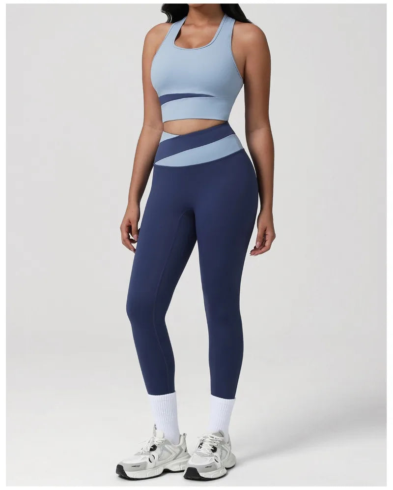 New Women's Color-Block Yoga Outfit Set Back Beauty Fitness Tank Top Long Sleeve Coat Hip-Lifting Leggings Running Fitness Set