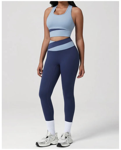 New Women's Color-Block Yoga Outfit Set Back Beauty Fitness Tank Top Long Sleeve Coat Hip-Lifting Leggings Running Fitness Set