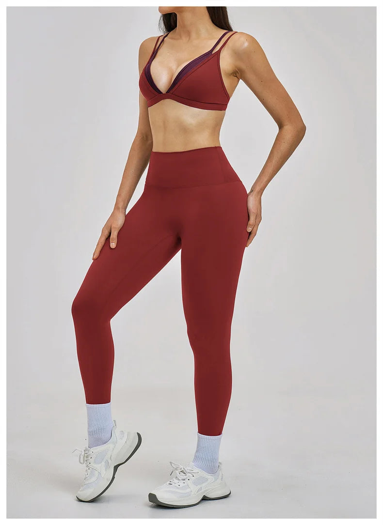 TRY TO BN Women's Color Block Yoga Sets Fake Two-Piece Sports Bra High Waisted Leggings Breathable Fitness Workout Gym Tracksuit