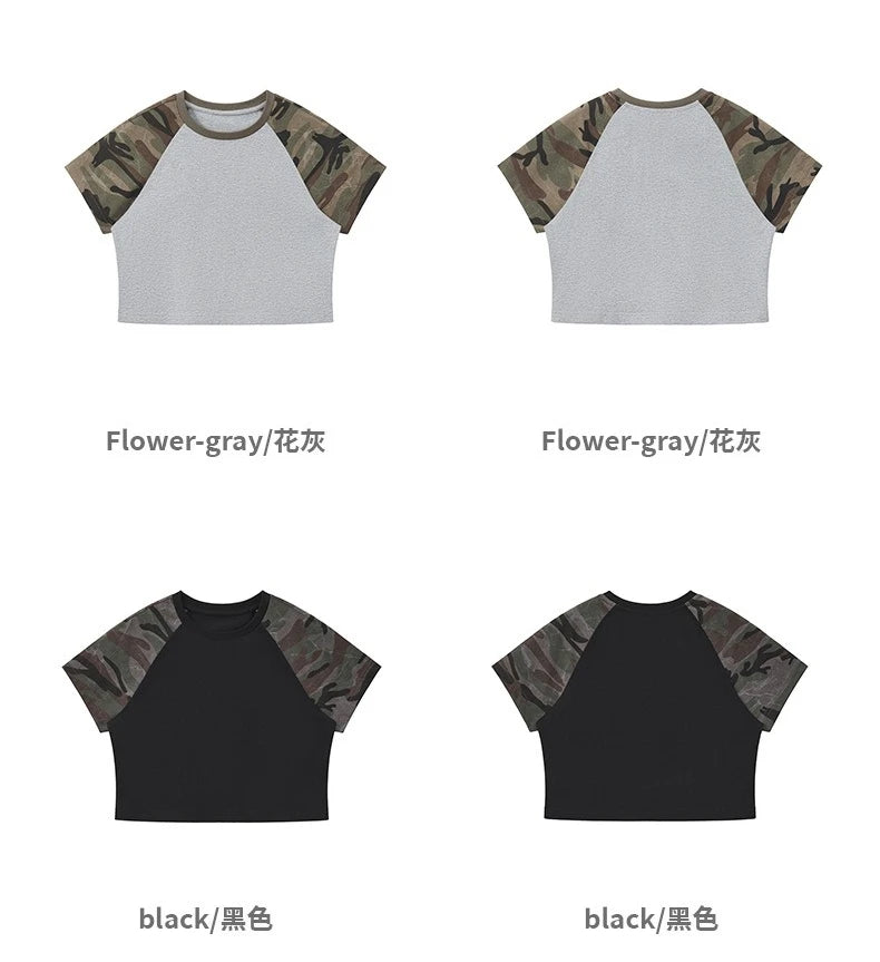 Custom LOGO Women's American Street Spice Girl Camouflage Ragged Short Sleeve T-Shirt 210G Cotton Slim-fit Contrast Top