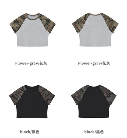 Custom LOGO Women's American Street Spice Girl Camouflage Ragged Short Sleeve T-Shirt 210G Cotton Slim-fit Contrast Top