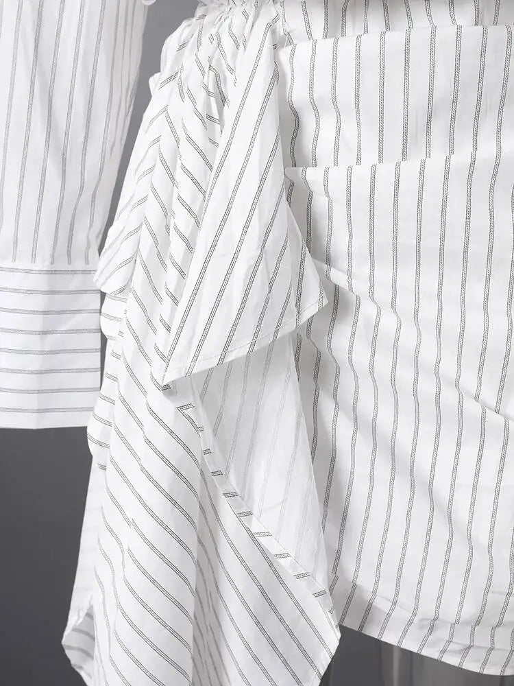 DEAT Fashion Striped Wrap Tie Waist Shirt Mini Dress Women's Lapel Asymmetric Ruched Hem Striped Bodycon Dresses Summer New