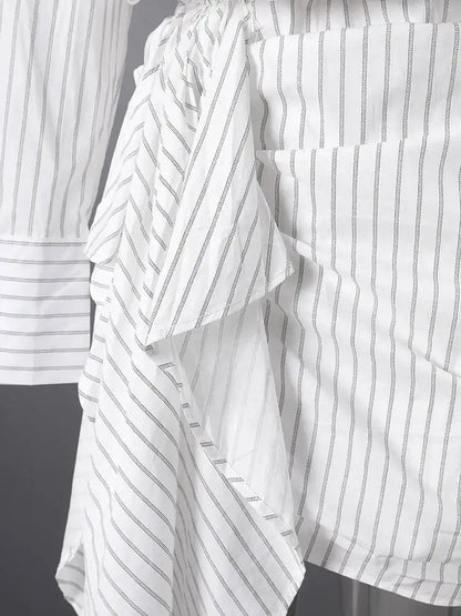 DEAT Fashion Striped Wrap Tie Waist Shirt Mini Dress Women's Lapel Asymmetric Ruched Hem Striped Bodycon Dresses Summer New