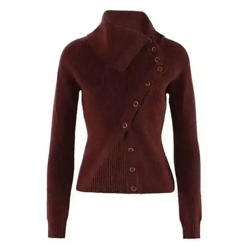 DEAT Fashion Brown Irregular Knitted Tops Women's Turtleneck Slim Fit Button Long Sleeves Short Sweater Autumn New