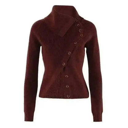 DEAT Fashion Brown Irregular Knitted Tops Women's Turtleneck Slim Fit Button Long Sleeves Short Sweater Autumn New