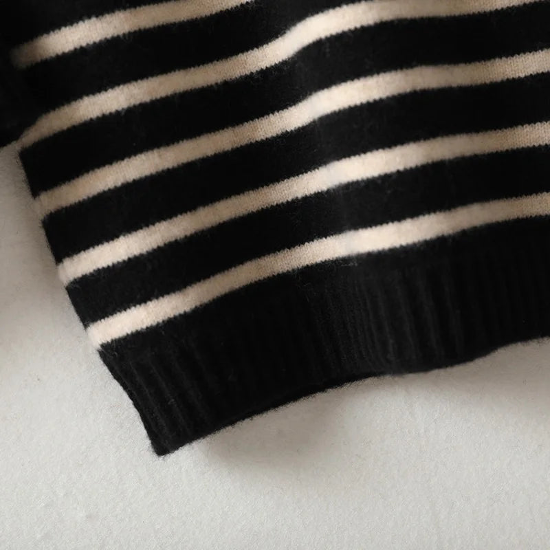 Women's Spring and Autumn 100% Merino Wool 90 Count Knitted Striped Wide Leg Pants