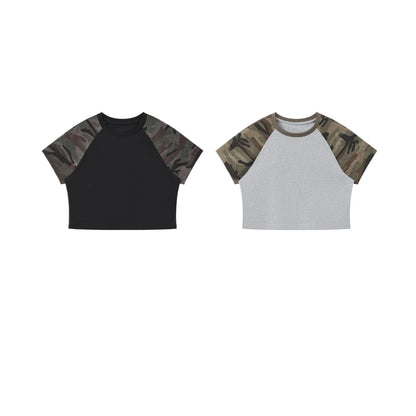 Custom LOGO Women's American Street Spice Girl Camouflage Ragged Short Sleeve T-Shirt 210G Cotton Slim-fit Contrast Top