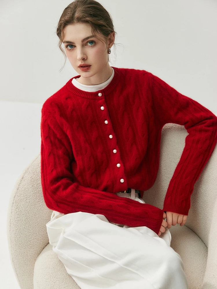 CHICUU Women's O-neck Cashmere Cardigan 100% Cashmere Sweater Cable Knit Preppy Style Cardigan Coat Autumn Winter Clothes Tops