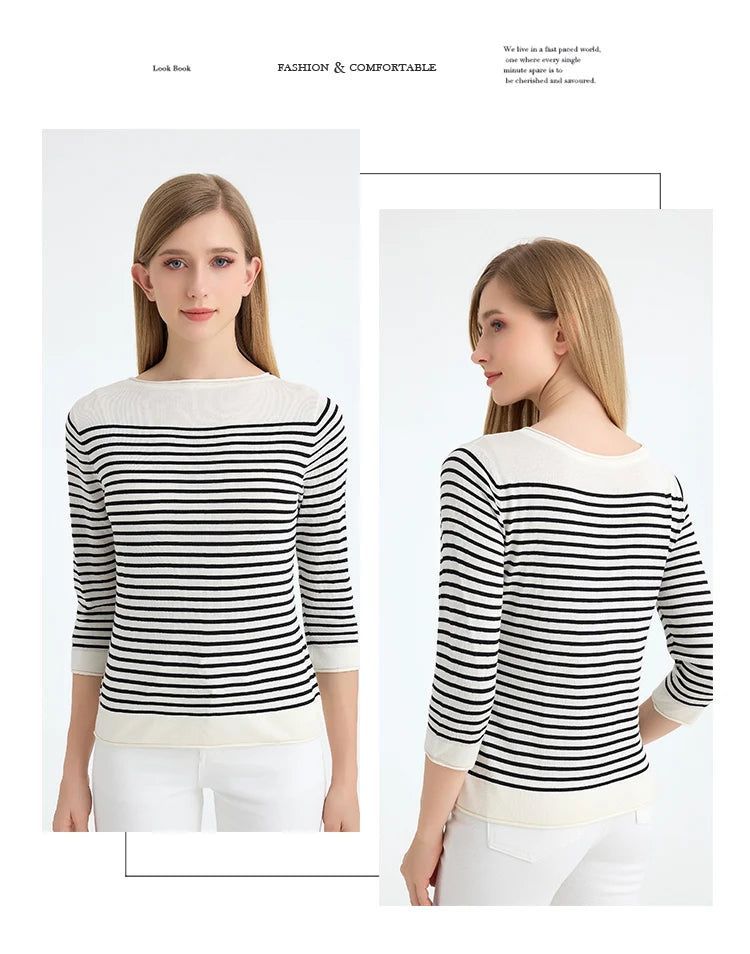 SuyaDream, Striped Pullovers for Woman, Round Neck, 45%Silk 55%Lyocell, 3/4 Sleeves, Chic Sweaters, 2025 Fall Winter Top, Black