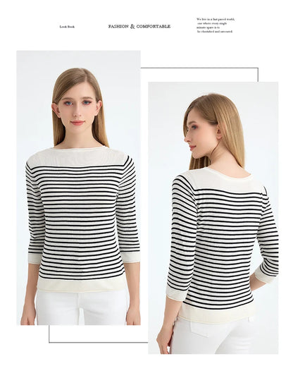 SuyaDream, Striped Pullovers for Woman, Round Neck, 45%Silk 55%Lyocell, 3/4 Sleeves, Chic Sweaters, 2025 Fall Winter Top, Black