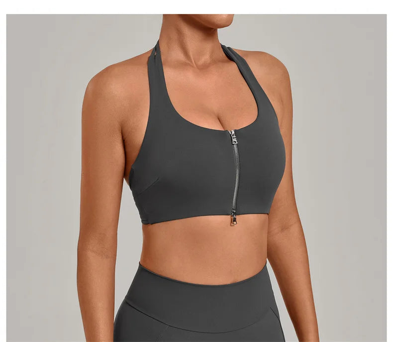 TRY TO BN Yoga Sports Bra Women's Zipper Halter Neck Naked Feeling Backless Underwear Fitness Tops Workout Running Gym Clothing