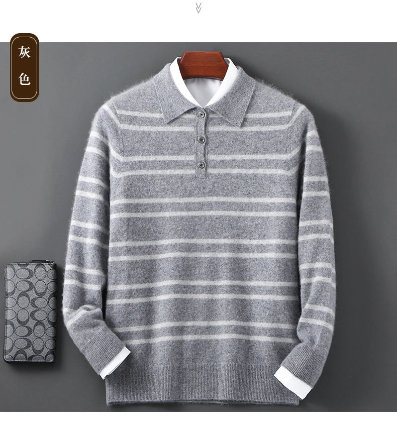 Men Leisure 100% Merino Wool Sweater Polo Collar Knit Pullover Autumn Winter Cashmere Clothing Casual Business Color Stripe Top