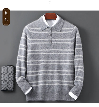 Men Leisure 100% Merino Wool Sweater Polo Collar Knit Pullover Autumn Winter Cashmere Clothing Casual Business Color Stripe Top