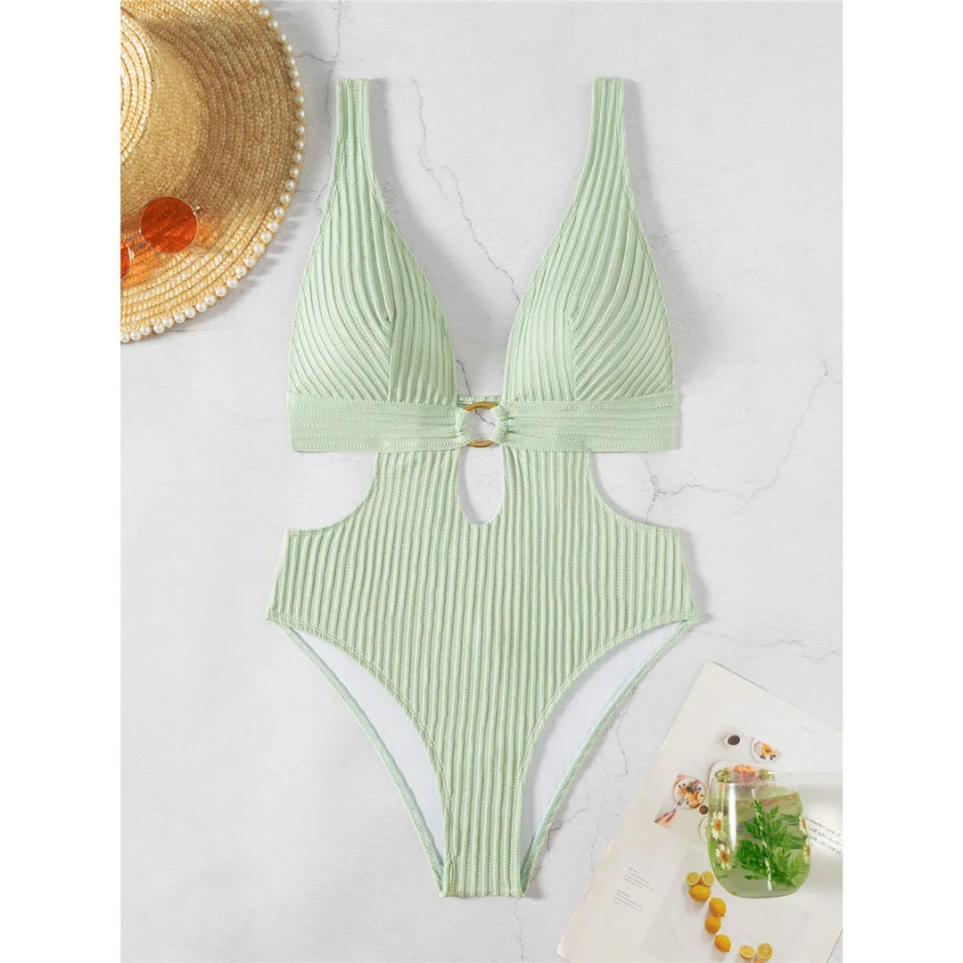 Sexy 8 Colors Deep V Neck Cut Out One Piece Swimsuit Women Swimwear Female High Leg Cut Monokini Bather Bathing Suit Swim V7177