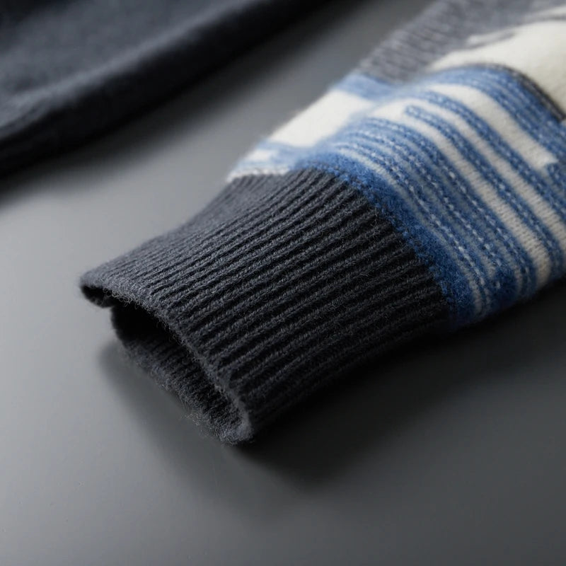 Men's 100% Merino Wool Color-Blocked O-Neck Sweater Long Sleeves Fashion Pullover Cashmere Loose Soft Warm Leisure Clothing Top