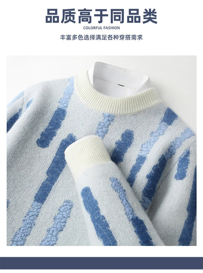 New 100% Pure Wool Men's O-neck Pullover 2025 Autumn/Winter Color Matching Top Casual Thick Fashion Large Size Jumper Sweater