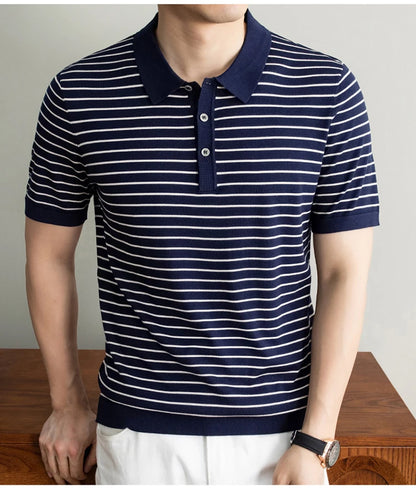 Men's Lyocell shirt summer new casual striped short sleeved T-shirt Polo collar breathable comfortable knitted pullover