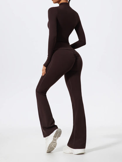 Hearuisavy Summer Half Zipper Yoga Suit Outdoor Workout Clothing Gym Set Women Flared Pants 2Pcs Sports Long Sleeves Shirt Suit