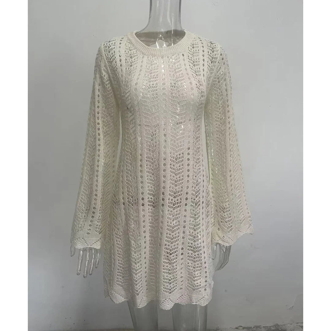 4 Colors Long Sleeve Backless Crochet Knitted Tunic Beach Cover Up Cover-ups Beach Dress Beach Wear Beachwear Female Women V5692