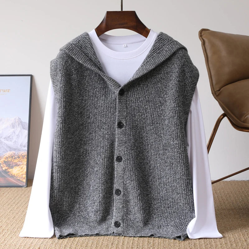 2025 Autumn/Winter Men's Vest 100% Merino Wool Knit Hooded Cardigan Casual Loose Sleeveless Solid Color Men's Cashmere Sweater