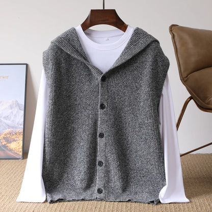 2025 Autumn/Winter Men's Vest 100% Merino Wool Knit Hooded Cardigan Casual Loose Sleeveless Solid Color Men's Cashmere Sweater