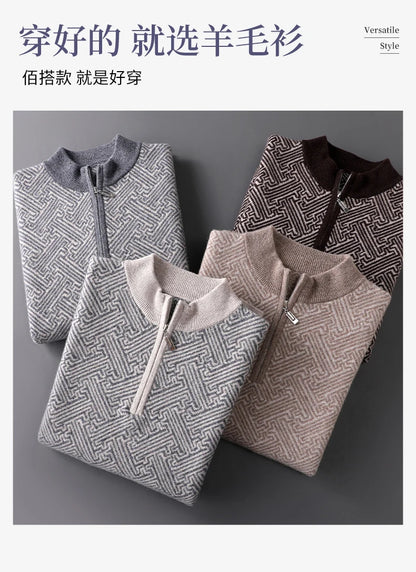 Men's 100% Merino Wool Jacquard Sweater Mock Collar Half Zip Thick Pullover Autumn Winter Cashmere Knitwear Long Sleeved Top