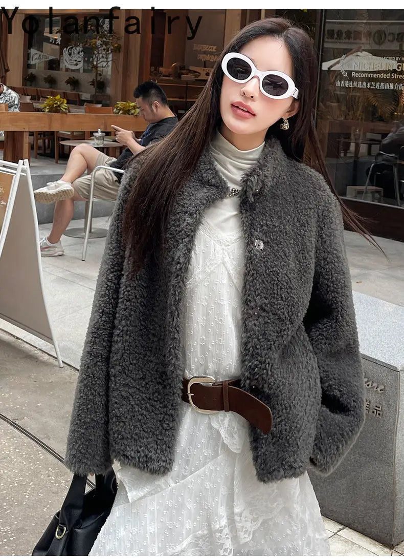 YOLANFAIRY 100% Genuine Leather Jacket Women Warm Natural Fur Coat Woman Winter Short Real Lamb White Fur Coats Jaqueta Feminina