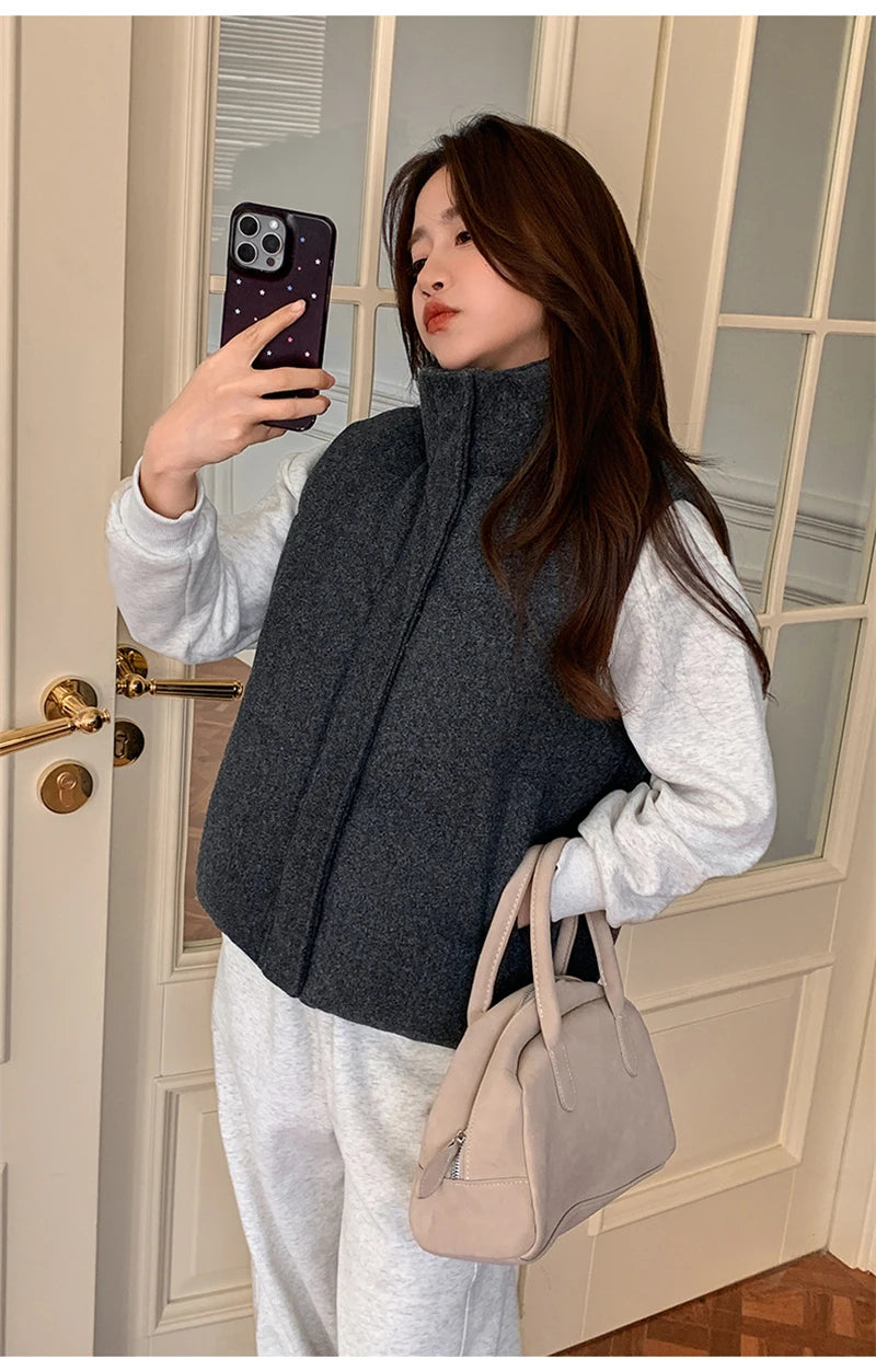 Short Down cotton Vest Women's 2025 Korean Fashion New Stand-up Sleeveless Zipper Student Vest Jacket Black Gray Waistcoat Tide