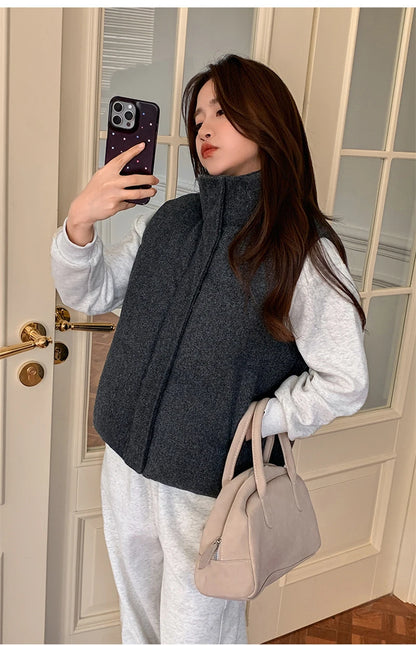 Short Down cotton Vest Women's 2025 Korean Fashion New Stand-up Sleeveless Zipper Student Vest Jacket Black Gray Waistcoat Tide
