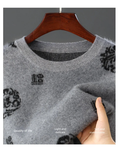 Men's 100% Pure Wool Sweater O-Neck Loose Pullover Autumn/Winter New Embroidery Business Casual Cashmere Tops Knit Bottom Shirt