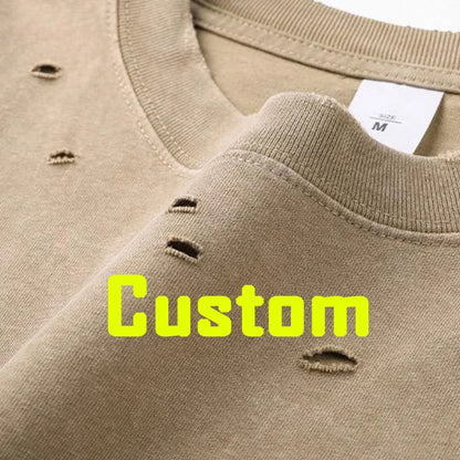 DIY Custom LOGO DIY 300gsm Heavy Thick Ripped Holes Short Sleeves T-shirt Solid Color Oversized Casual Summer Harakuju Tees