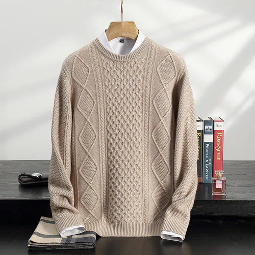 Men's 100% Cashmere Sweater Round Neck Autumn Winter Warm Clothing Jacquard Checkered Pullover Sweater Knitted Bottom Shirt Tops