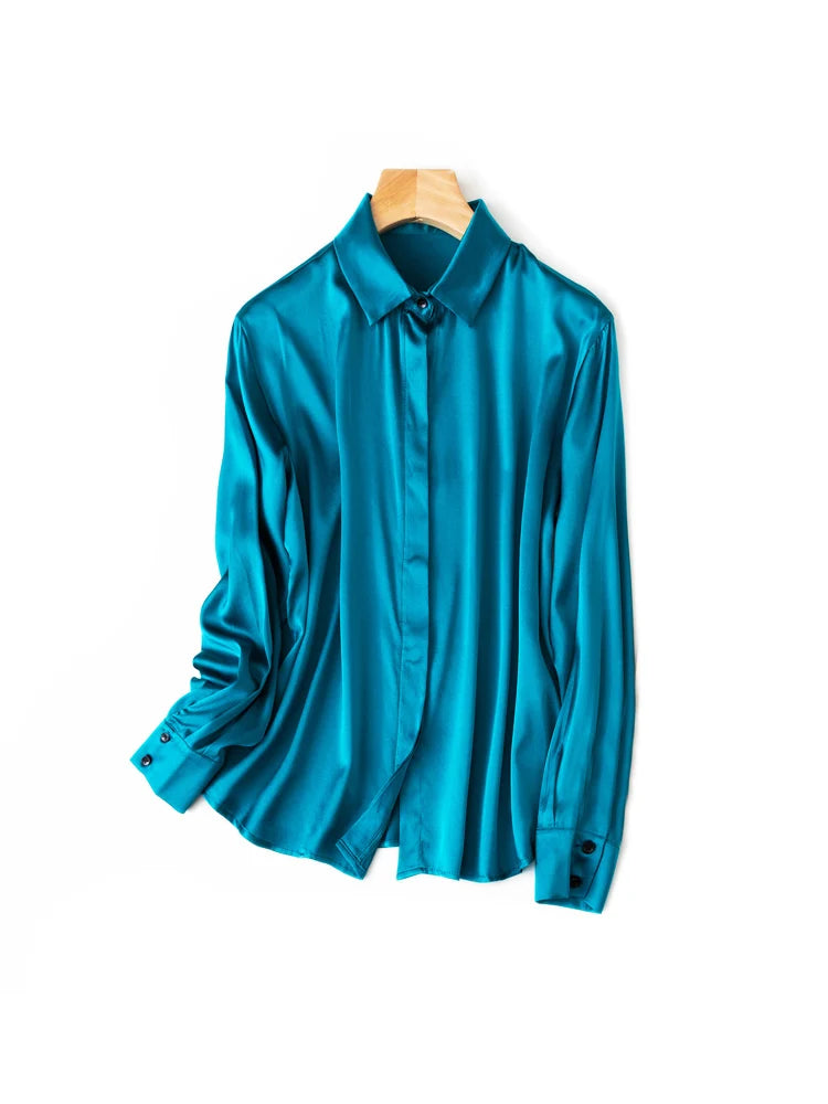 SuyaDream Woman Solid Shirts 93%Real Silk 7%Spandex Long Sleeves Chic Blouses, 2025 Spring Autumn Office Lady Top